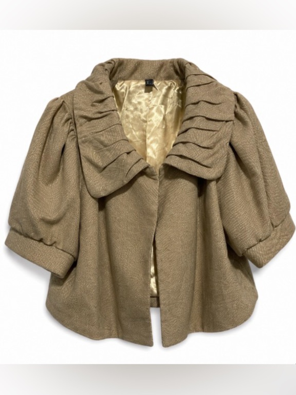 Sparkle Tan Short Puff-Sleeve Coat with Pleated Collar